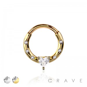 316L SURGICAL STEEL MULTI CZ HOOP SINGLE HEART CZ SEPTUM HINGED SEGMENT HOOP RING